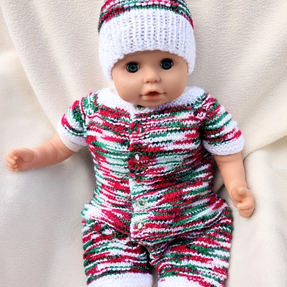 Baby Christmas One Piece Onzie Hand Crafted Reindeer Hat Knit Red Green White - Picture 8 of 16